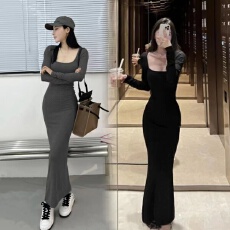 批发纯欲风长袖连衣裙女秋季甜辣妹方领气质紧身<b class='q'>包臀</b>打底长款鱼尾裙子