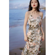 批发网红爆款背心吊带裙女 通勤韩版印花V领无袖宽松<b class='q'>中长款</b>打底连衣裙