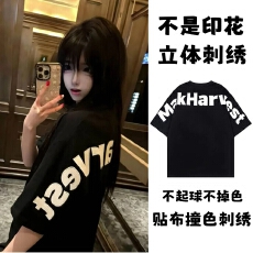 批发纯棉刺绣美式高街潮牌刺绣字母贴布<b class='q'>情侣装</b><b class='q'>短袖</b>t恤男女夏季新款