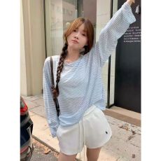 批发原版面料蓝色条纹长袖防晒T恤女夏2026新款宽松中长薄款罩衫<b class='q'>上衣</b>