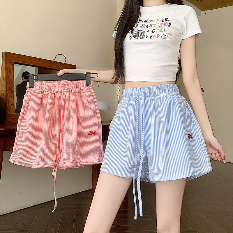 MY9240# 竖条纹抽绳字母刺绣阔腿短裤宽松夏季热裤休闲裤女裝貨源服裝批發