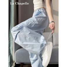 批发原版加工包边】蓝色冰丝工装裤女夏季薄款新款速干伞兵运动裤