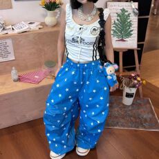 批发美式<b class='q'>街头</b>复古星星满印蓝色运动休闲裤女嘻哈辣妹跳舞裤宽松伞兵裤