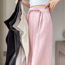 批发冰丝窄版阔腿裤女<b class='q'>夏季</b>薄款垂感休闲小个子提花国风西装裤