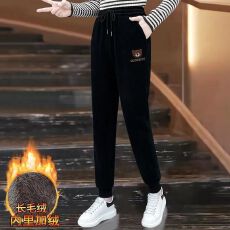 批发高腰<b class='q'>休闲</b>哈伦裤女2023早春爆款宽松显瘦松紧腰束脚小熊刺绣运动裤