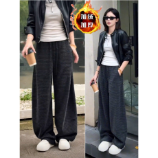 批发加绒高级条纹慵懒垂感弯刀裤<b class='q'>女</b>2025秋冬新款松紧高腰宽松阔腿<b class='q'>长裤</b>