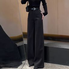 批发时尚气质黑色休闲<b class='q'>西装</b>裤女2025秋季新款大码胖mm显瘦高腰阔腿长裤