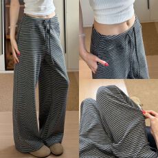 批发加绒/不加绒灰色条纹糯米阔腿裤女高腰垂感宽松直筒运动裤