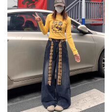 潮流设计感阔腿牛仔裤女春秋季新款垂感显瘦时尚宽松拖地牛仔裤潮