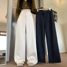 实拍 380g星空呢 灰色女秋冬季加厚直筒阔腿裤休闲毛呢镰刀裤