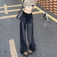 批发美式复古阔腿<b class='q'>牛仔裤</b>女秋季新款高腰宽松遮肉<b class='q'>显瘦</b>直筒垂感拖地裤子
