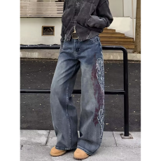 批发潮牌刺绣直筒<b class='q'>牛仔裤</b>男女高街水洗痞帅阔腿长裤复古宽松<b class='q'>休闲</b>拖地裤