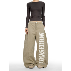 批发美式复古字母印花弯刀<b class='q'>牛仔裤</b>男女新款卡其色工装裤宽松阔腿拖地裤