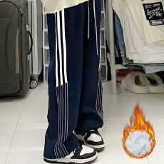 批发加绒美式复古条纹<b class='q'>运动</b>卫裤女宽松潮直筒休闲阔腿裤