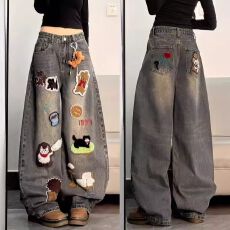 批发美式卡通毛巾绣<b class='q'>牛仔裤</b>男女款潮牌设计感阔腿裤子宽松百搭拖地长裤