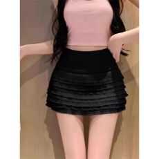 批发韩系黑色<b class='q'>蕾丝</b>花边蛋糕裙A字短款半身裙自带安全裤裙子
