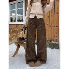 批发棕色美式碎花阔腿牛仔裤女<b class='q'>高腰</b>显瘦百搭宽松慵懒风拖地直筒裤
