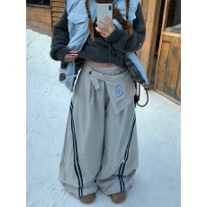 批发美式复古设计感叠穿侧边条纹阔腿<b class='q'>工装裤</b>