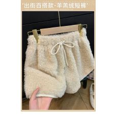 批发原版羊羔绒<b class='q'>短裤</b>女秋冬新款高腰显瘦a字热裤加绒加厚保暖直筒棉裤