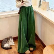 批发<b class='q'>大码</b>女装复古绿色阔腿裤秋冬新款高腰显瘦宽松加绒加厚休闲直筒裤
