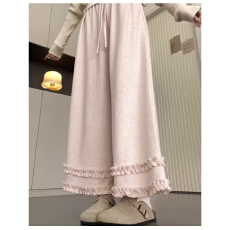 批发双层荷叶边阔腿裤女2025春季新款高腰垂感显瘦直筒小个子休闲裤