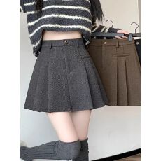 批发加厚咖色毛呢西装<b class='q'>半身裙</b>女秋冬小个子防走光高腰显瘦a字<b class='q'>百褶</b>短裙