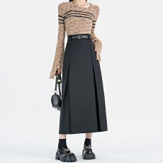 批发2026小众设计感黑色半身裙女春秋冬高腰显瘦简约A字中长<b class='q'>西装</b>半裙