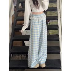 批发蕾丝花边拼接蓝色格子宽松直筒裤女阔腿裤春秋季2025新款高腰长裤