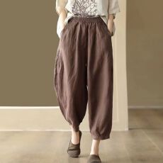 批发棉麻夏季分九分裤复古纯色松紧裤胖mm大码休闲宽松中老年阔腿裤