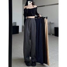 批发实拍 秋季条纹<b class='q'>西装</b>裤直筒宽松新款高腰阔腿裤