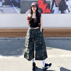 批发美式复古<b class='q'>迷彩</b>色七分<b class='q'>裤</b>女夏季薄款高腰小个子中性宽松百搭阔腿中<b class='q'>裤</b>