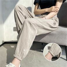 批发冰丝皱夏季薄款裤子新款棉麻加大码<b class='q'>运动裤</b>九分束脚休闲哈伦裤子女