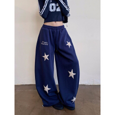 批发植绒刺绣纯棉复合美式复古星星刺绣休闲卫裤<b class='q'>男</b>女阔腿拖地