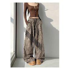 批发美式街头辣妹豹纹休闲裤女夏季新款高腰抽绳宽松<b class='q'>阔腿裤</b>