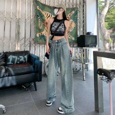 批发长裤女蚂蚁流行<b class='q'>潮流</b>阔脚裤简约牛仔裤百搭自然腰日系<b class='q'>时尚</b>新款夏季