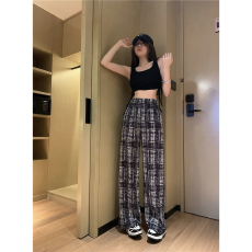 批发<b class='q'>大码</b>女装复古花纹阔腿裤女压褶风格新款高腰显瘦格子裤百搭遛弯裤