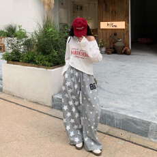 批发慵懒风灰色星星满印卫裤女潮流ins超火美拉德<b class='q'>宽松</b><b class='q'>运动</b>休闲裤