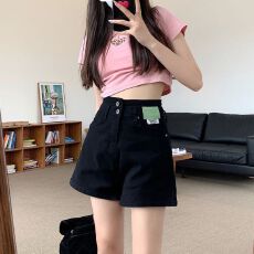 批发高腰黑色牛仔短裤女设计宽松a字显瘦辣妹弹力<b class='q'>热裤</b>