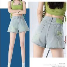 批发浅色字母刺绣牛仔短裤高腰显瘦a字阔腿<b class='q'>热裤</b>潮