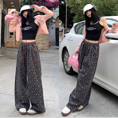 批发小碎花<b class='q'>休闲裤</b><b class='q'>女</b>抽绳松紧腰显瘦阔腿直筒春夏季新款宽松垂感<b class='q'>长裤</b>