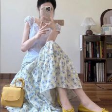 批发韩系蓝色碎花蛋糕裙半身裙女夏季高腰半裙小个子a字裙子大摆长裙