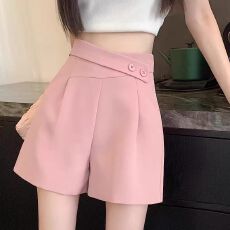 批发粉色<b class='q'>西装</b>短裤女夏季薄款大码设计感不规则宽松高腰显瘦阔腿A字裤