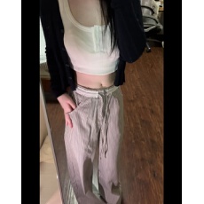 批发拉链款有后袋 条纹花边阔腿<b class='q'>休闲裤</b>女夏季2026新款宽松显瘦拖地裤