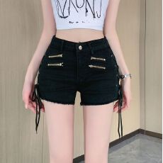 批发实拍辣妹低腰牛仔<b class='q'>短裤</b>女夏季新款抽绳毛边修身显瘦直筒热裤