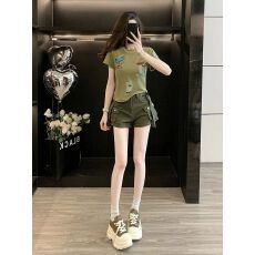 批发辣酷到底腰带装饰工装牛仔短裤女夏高腰显瘦宽松休闲口袋阔腿热裤