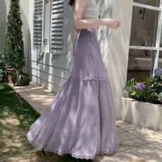 批发垂坠感白色<b class='q'>半身裙</b>女2026夏季新款蕾丝花边雪纺裙a字大摆<b class='q'>百褶</b>长裙
