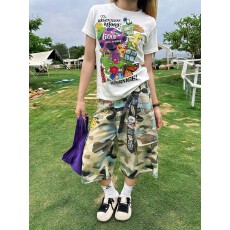 批发迷彩3D飘带印花七分裤高腰阔腿短裤女宽松显瘦百搭休闲裤