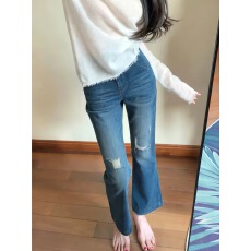 批发蓝色破洞微喇<b class='q'>牛仔裤</b>女夏季薄款宽松显瘦<b class='q'>九分</b>直筒喇叭裤