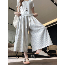 批发蓝色条纹阔腿裙裤女夏季薄款<b class='q'>高腰</b>八分小个子