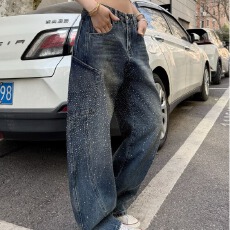 批发春季新款重工烫钻阔腿牛仔裤女<b class='q'>大码</b>显瘦百搭设计感高腰
